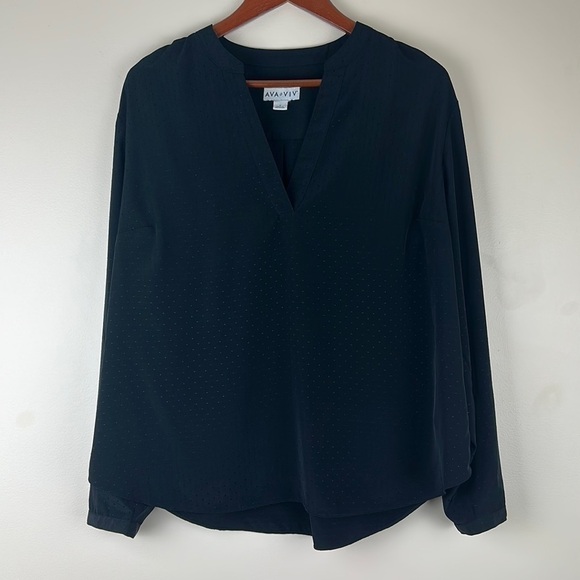 Ava & Viv Woman’s Blouse X Black Split Neck Long Sleeve Black Dot Texture - Picture 1 of 8